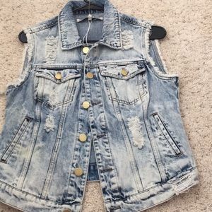 Denim light wash vest jacket with rips